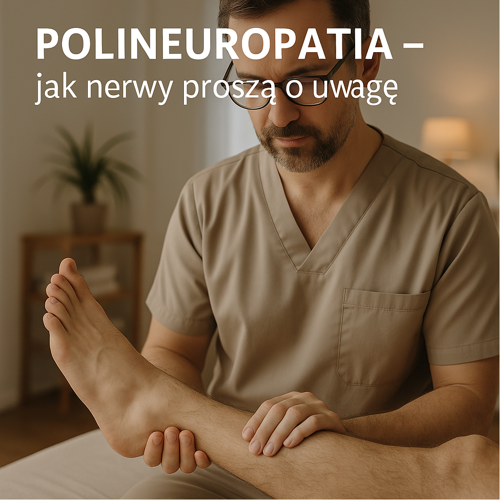 Polineuropatia – fizjoterapeuta bada napięcie i pracę nerwów w kończynie dolnej