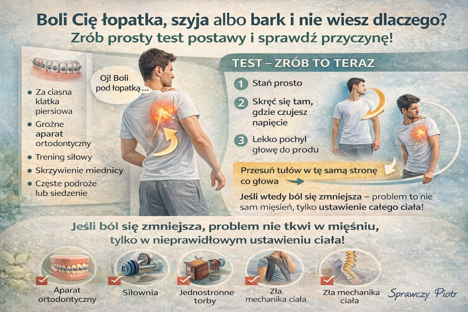 Test postawy przy bólu łopatki, barku i szyi pomagający wykryć asymetrię ustawienia ciała
